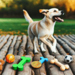 Glad hund leker ute i naturen med leker som symboliserer begge temaene - morsomme hundespill og kryptovaluta.