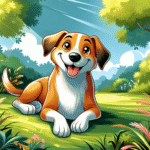 En vennlig og lykkelig hund som sitter omgitt av natur, illustrert i en varm og innbydende stil