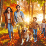 En lykkelig familie på tur i naturen med en mellomstor hund, omgitt av høstfarger