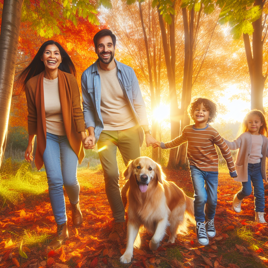En lykkelig familie på tur i naturen med en mellomstor hund, omgitt av høstfarger