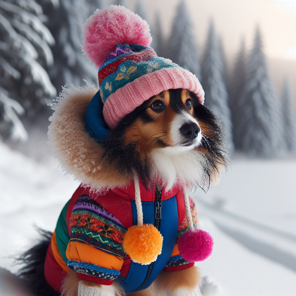 en hund kledd i en varm, fargerik vinterjakke, med snø i bakgrunnen