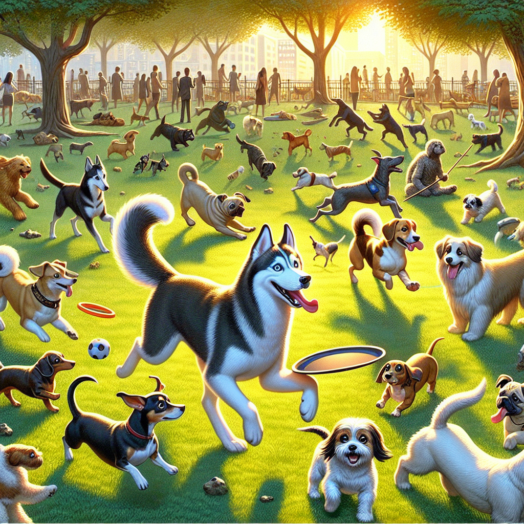 A diverse group of unique dog breeds in a park setting, each showing distinct characteristics and personalities.