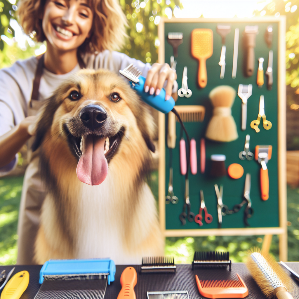 A happy dog getting groomed outdoors with a variety of grooming tools in the background