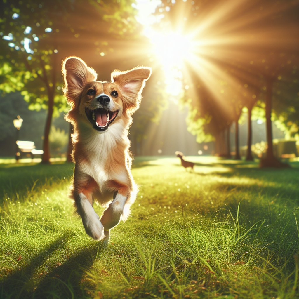A happy dog playing fetch in a sunny park, showcasing joy and fitness.