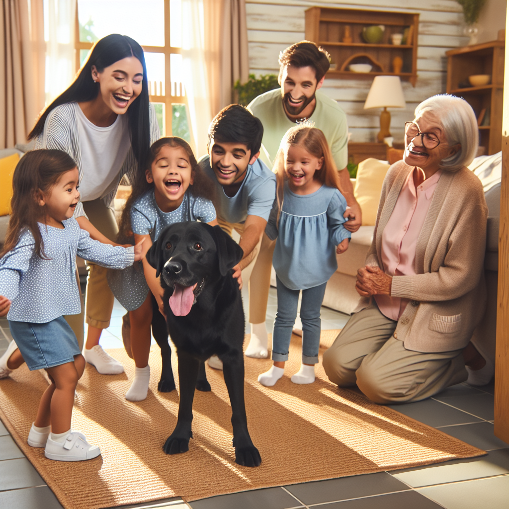 A happy dog being welcomed to a new home, surrounded by a joyful family.