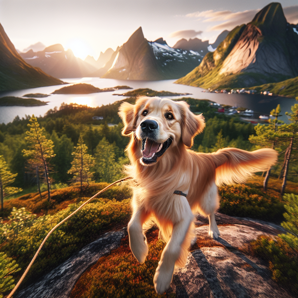 A happy dog playing in a Norwegian landscape, capturing the essence of responsible pet ownership in scenic nature.