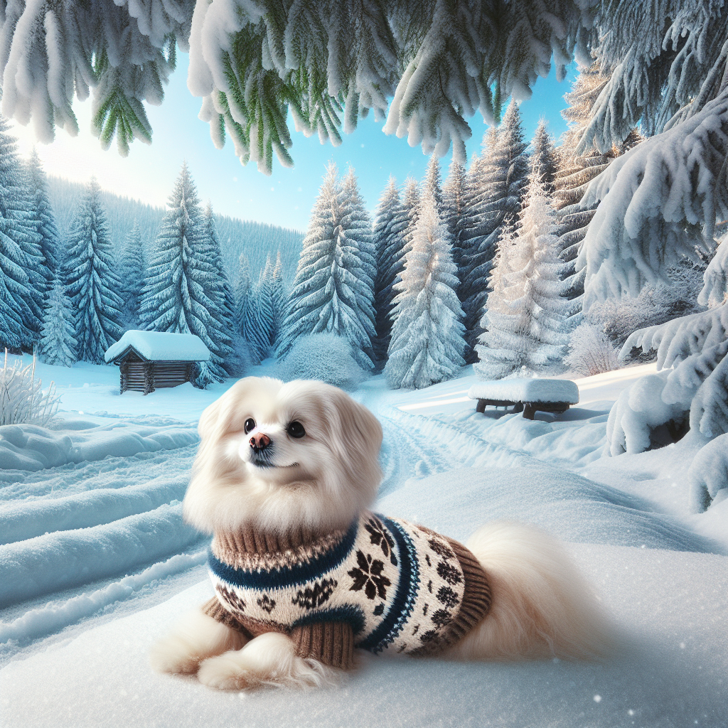 A cozy, fluffy dog wearing a winter sweater, surrounded by snow and a background of pine trees.