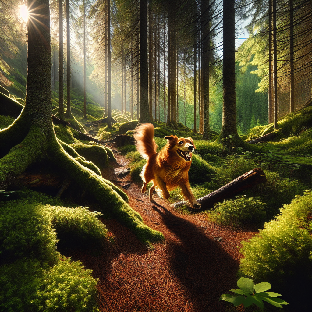 A happy dog hiking in a lush Norwegian forest, showcasing an active and healthy lifestyle.