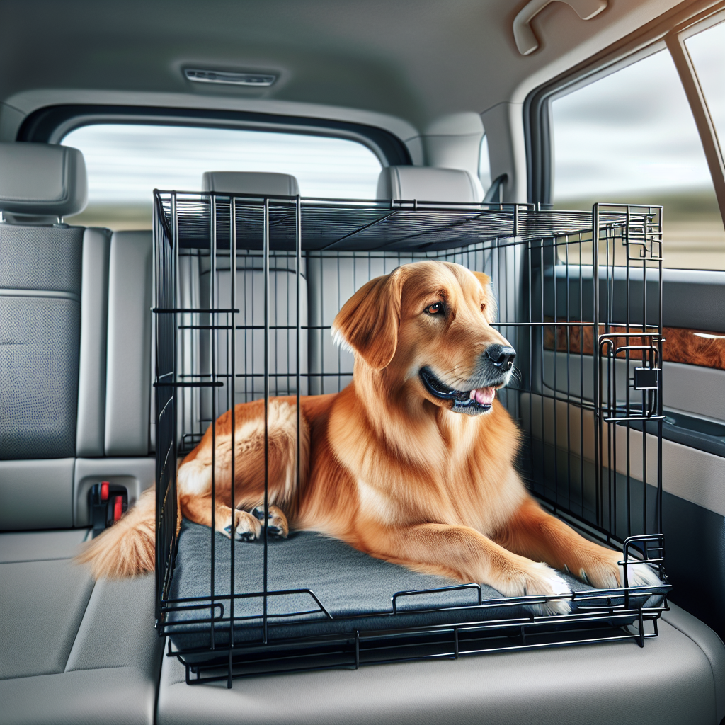 A dog comfortably resting in a spacious, modern dog crate during a car ride.
