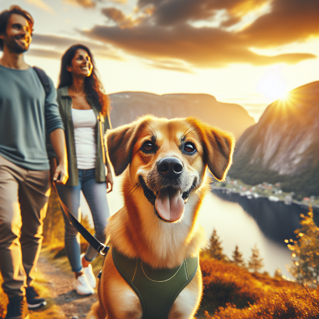 En glad mellomstor hund på tur i norsk natur ved solnedgang, med trygt sele og eiere i bakgrunnen, varm fargepalett og rolig stemning