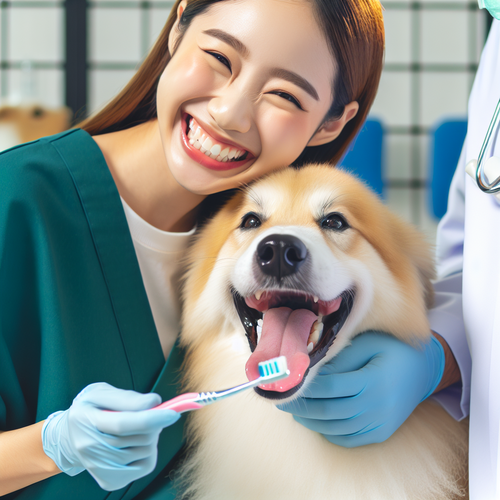 En vennlig hund som får tannpleie av en omsorgsfull eier i en lys veterinærklinikk, nærbilde av smil og tannbørste, varm og trygg stemning