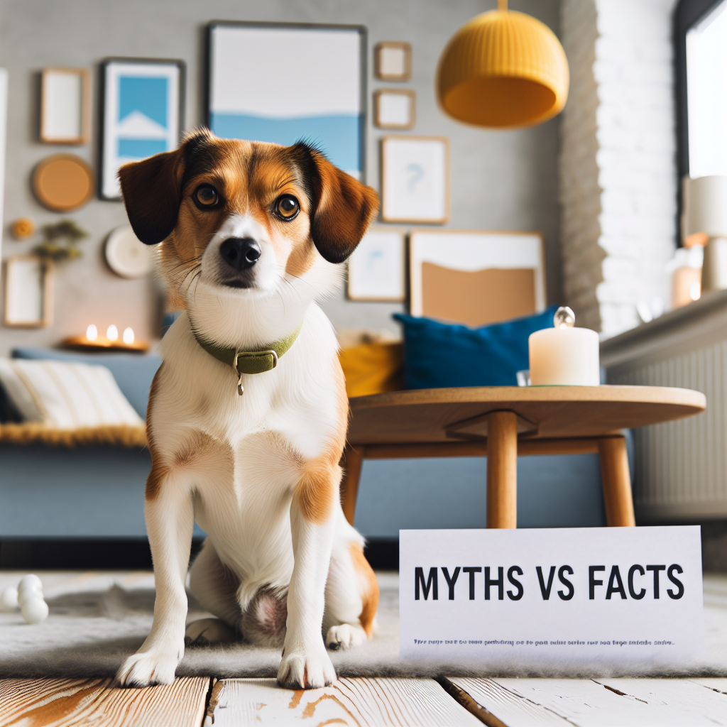 Nysgjerrig hund i et lyst, nordisk hjem med et notatark merket "Myter vs fakta", vennlig, moderne stil