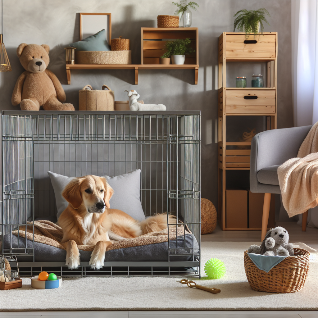Rolig interiørfoto av et moderne hundebur i et lys, hyggelig hjem: myk seng, pledd, leker, og et rolig hjørne som viser trygghet og komfort for en mellomstor hund.