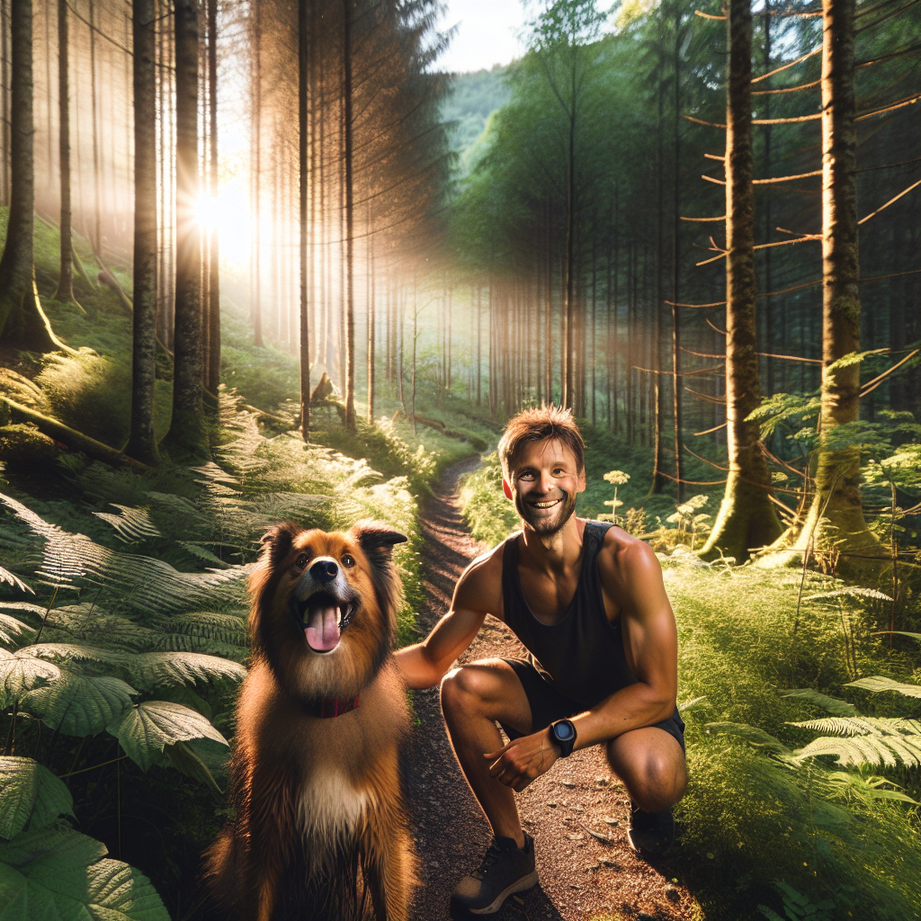 En aktiv hund og eier på sti i norsk skog ved golden hour, hunden ser lykkelig ut, naturlig lys, tydelig sti, friluftsliv-følelse