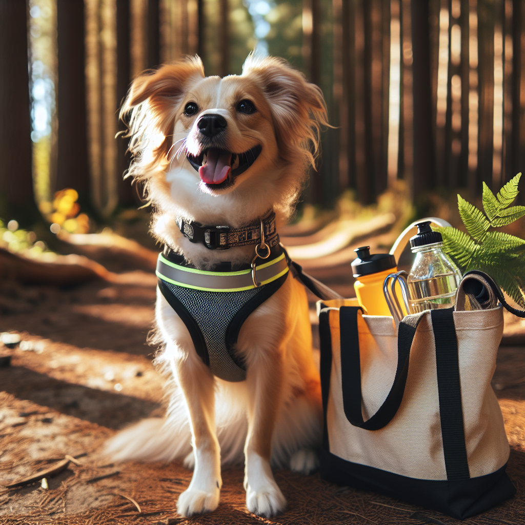 Moderne hundeutstyr i naturlig setting: lykkelig hund med sele og refleksvest, kobbel, vannflaske og bærenett på en skogsti, varmt naturlig lys, høy oppløsning
