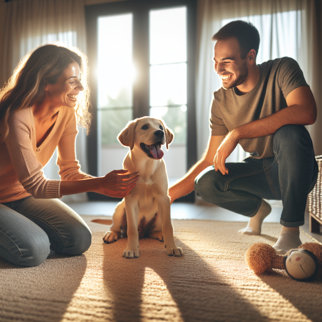 En lykkelig familie som møter sin nye omplasseringshund i et lyst hjem, rolig atmosfære, myk belysning, hunden på et teppe med noen leker rundt